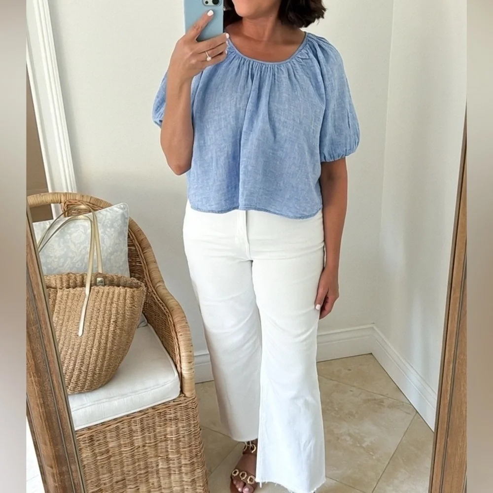 J.Crew Swingy puff-sleeve top in cotton-linen blend gauze Small